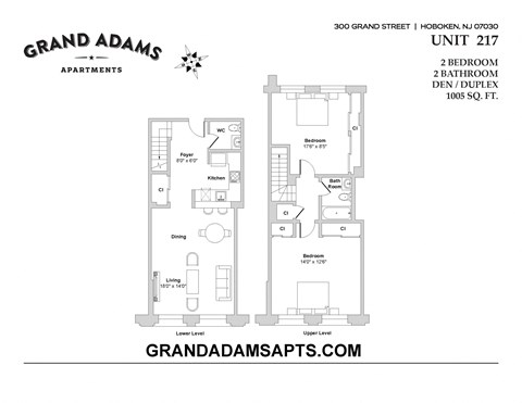 Floor plan for 2 beds, 1.5 baths, 1005 sqft